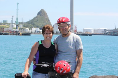 Robin and I with our bikes at the breakwater ready to bike along the walkway/bikeway :-)