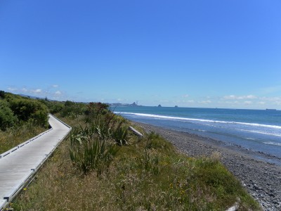 Keep riding or walking the walkway and look back and this is the view of the place we started, Port Taranaki, way in the distance. And, you can still keep walking right to Tiromoana Crescent at the end of Wills Road!