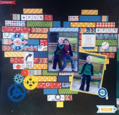 This page was made using the scraps left over from an Echo Park Kit. It was lots of fun to make and looks great (well I think so anyway) The grandsons are so cute :-)