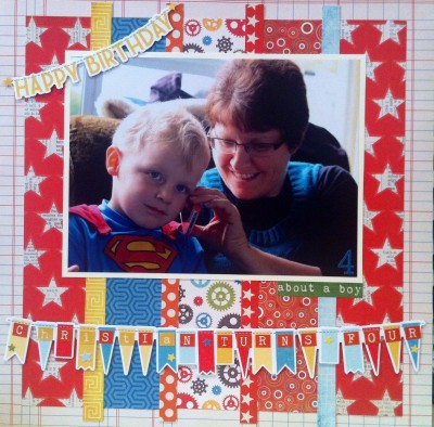 Christian talking to Uncle Ben on the phone on his 4th birthday. Created with Bella! papers and some Echo Park.